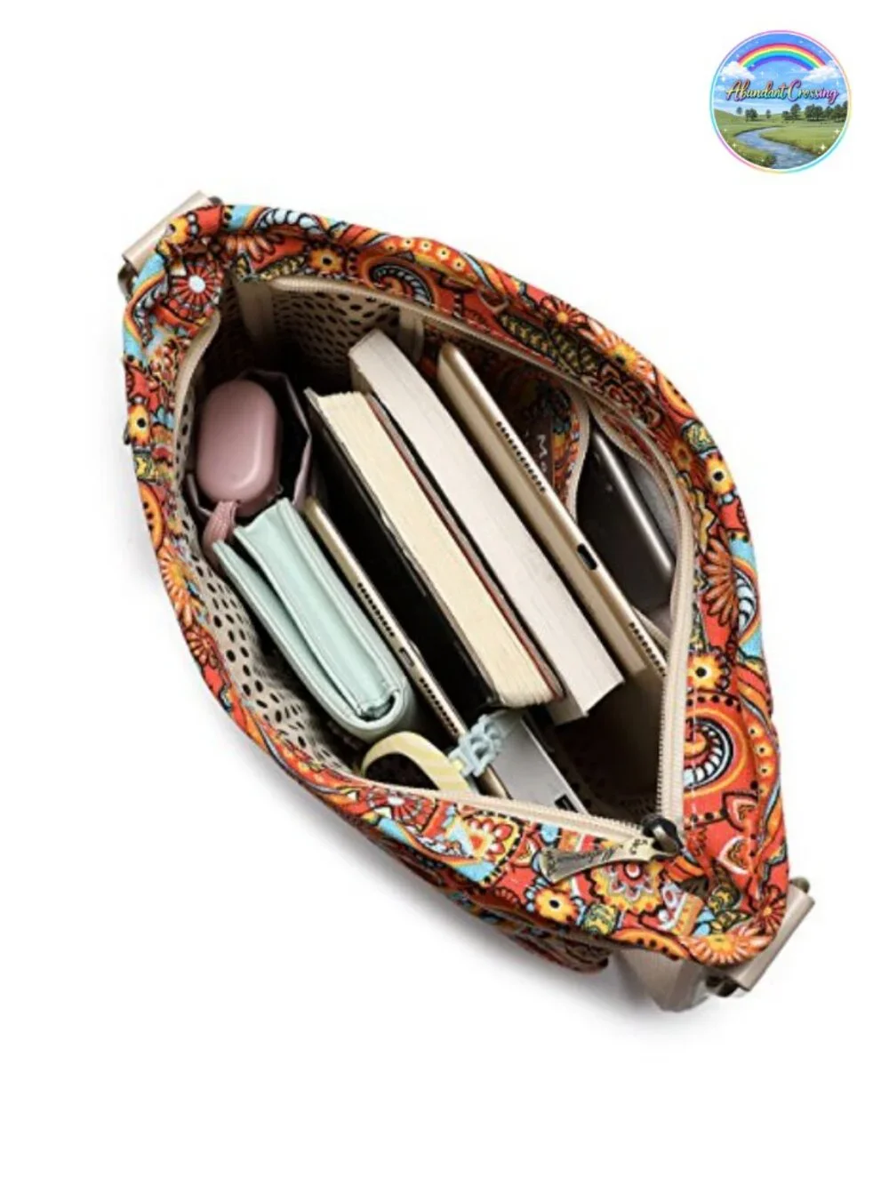 Canvas Floral Crossbody Bag with Multi Pockets, Adjustable Strap